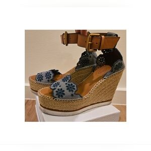 See By Chloe Denim and Tan Espadrille Sandals